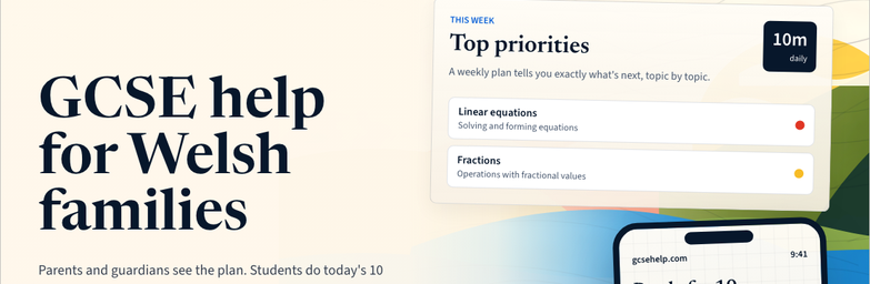 GCSEHelp homepage showing a weekly priority plan and a ten-minute student practice prompt.