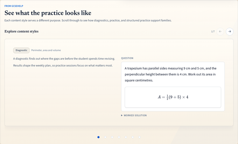 GCSEHelp practice carousel showing a diagnostic question, formula rendering, and worked solution controls.